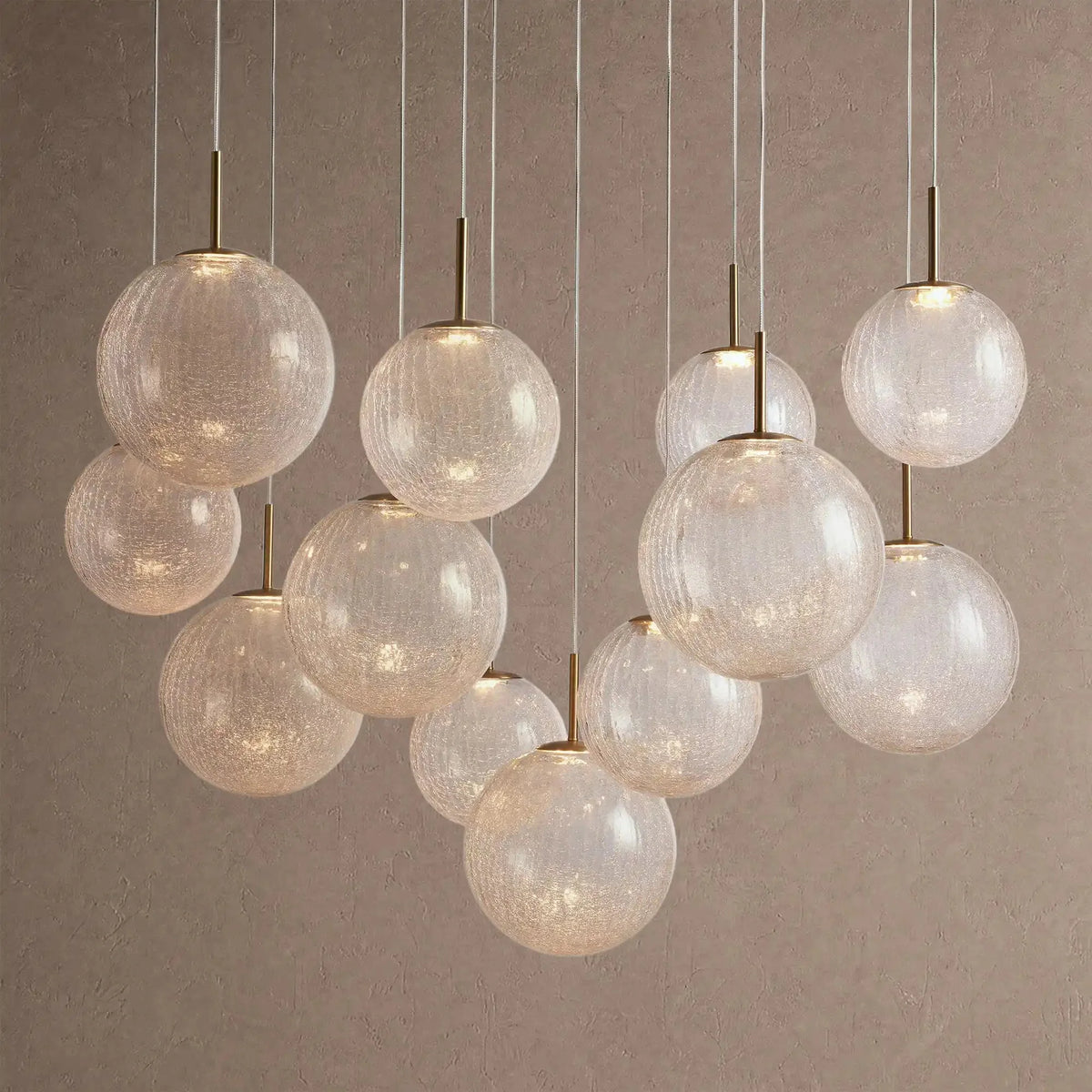 Cassano Modern Round Chandelier - Hand-Blown Crackle Glass & Satin Brass LED Pendant Light - 12-Light 43''Cracklecasivra