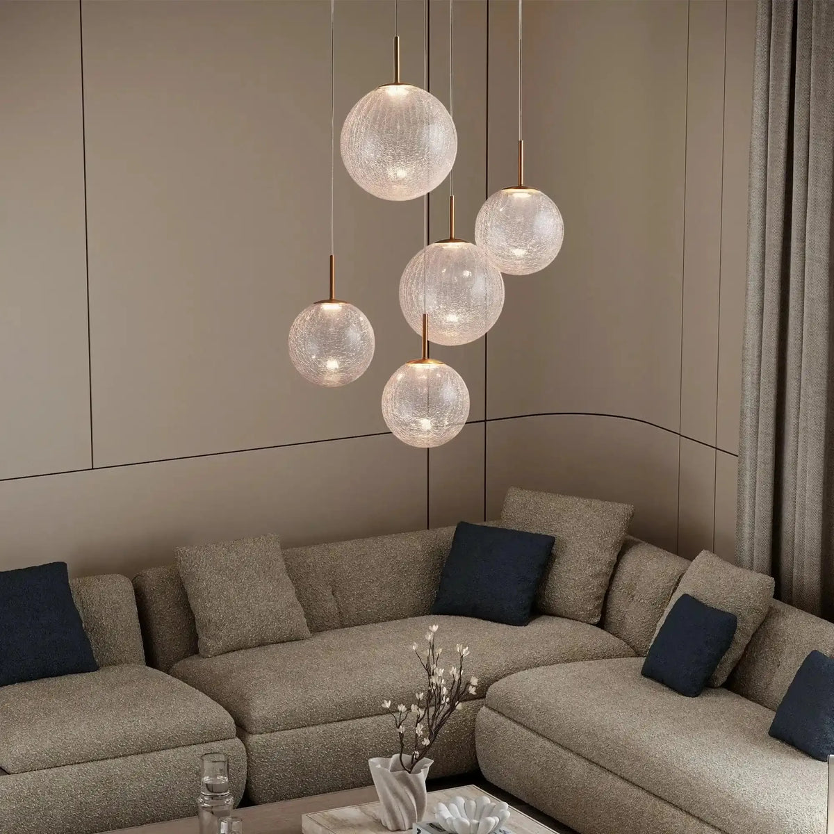 Cassano Modern Round Chandelier - Hand-Blown Crackle Glass & Satin Brass LED Pendant Light styled in a modern dining room