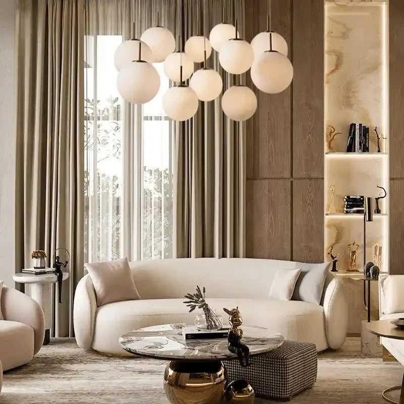 Cassano Modern Round Chandelier - Hand-Blown Crackle Glass & Satin Brass LED Pendant Light in brass by Blush Lighting