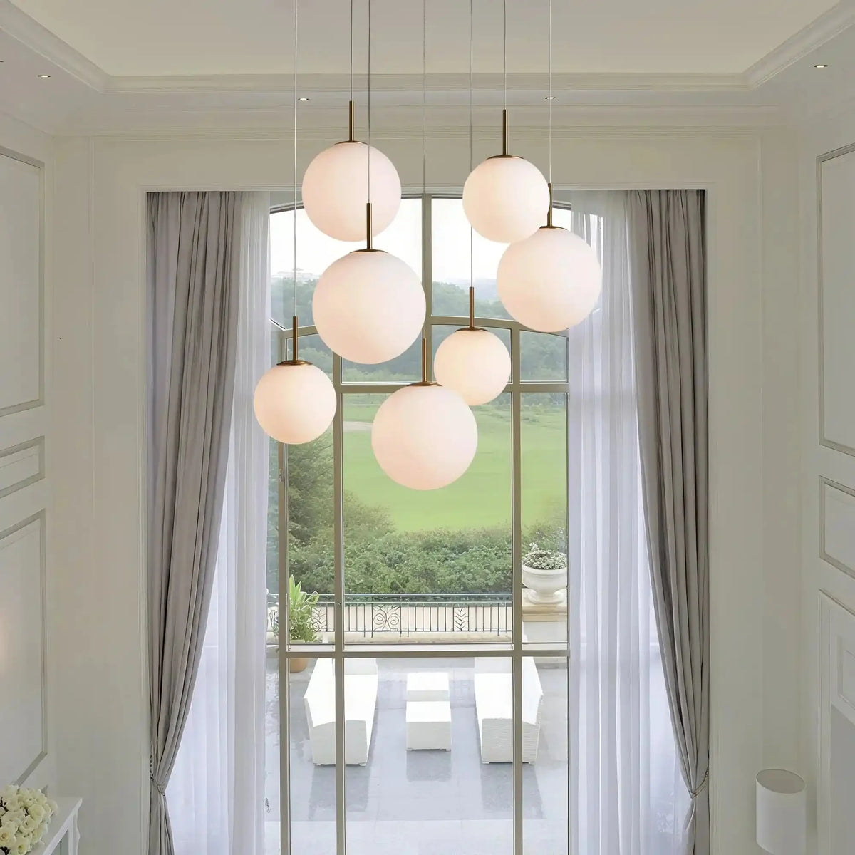 Cassano Modern Round Chandelier - Hand-Blown Crackle Glass & Satin Brass LED Pendant Light in brass - dining room lighting