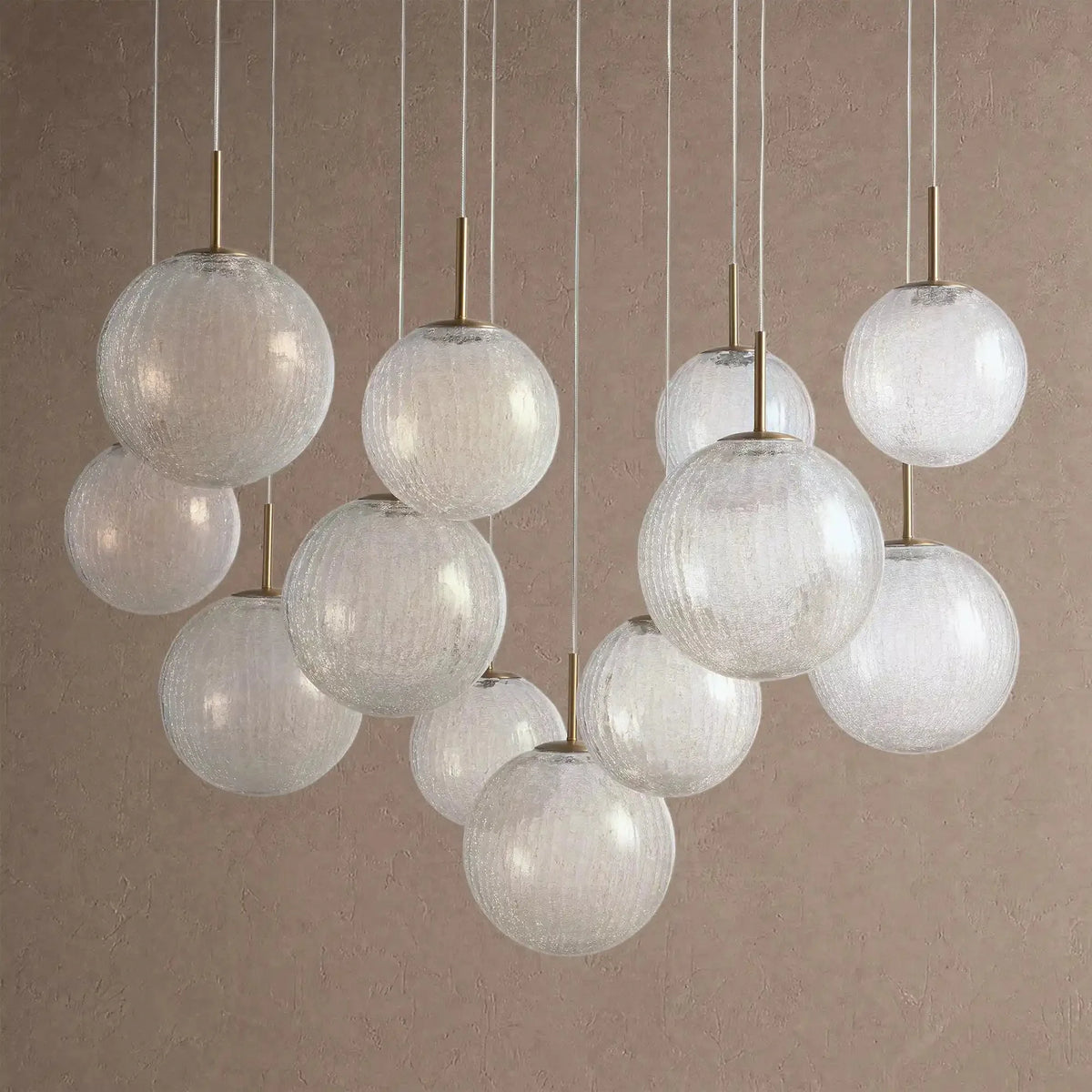 Cassano Modern Round Chandelier - Hand-Blown Crackle Glass & Satin Brass LED Pendant Light - 12-Light 43''Cracklecasivra