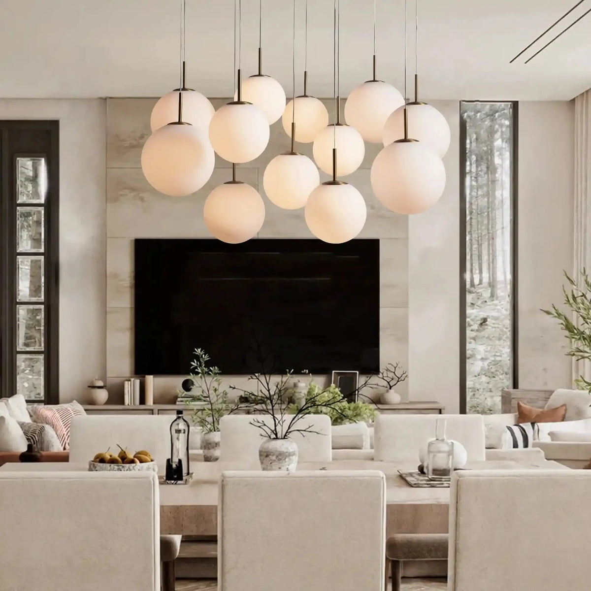 Cassano Modern Round Chandelier - Hand-Blown Crackle Glass & Satin Brass LED Pendant Light in brass by Blush Lighting