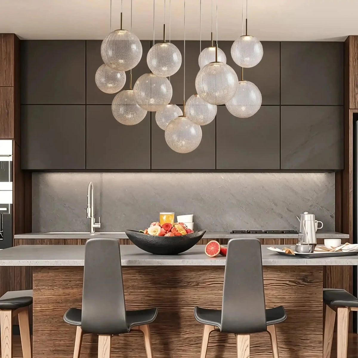 Cassano Modern Round Chandelier - Hand-Blown Crackle Glass & Satin Brass LED Pendant Light in brass by Blush Lighting