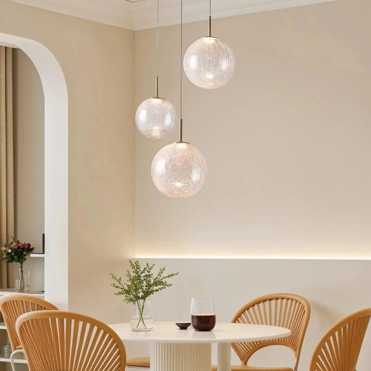 Cassano Modern Round Chandelier - Hand-Blown Crackle Glass & Satin Brass LED Pendant Light in brass - dining room lighting