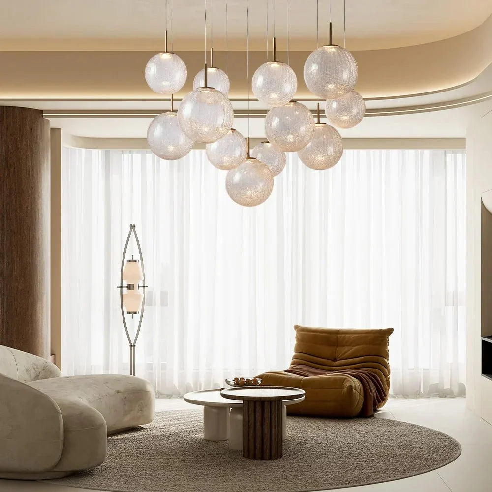 Cassano Modern Round Chandelier - Hand-Blown Crackle Glass & Satin Brass LED Pendant Light in brass - modern dining room lighting