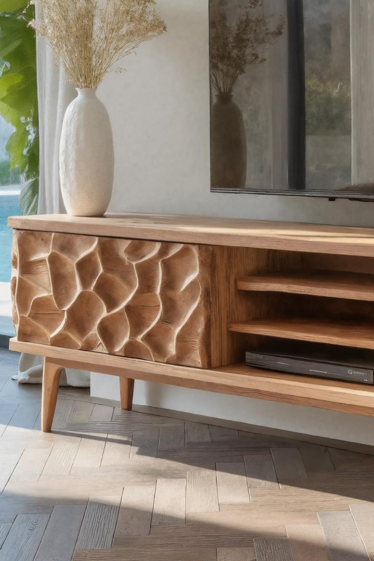 Rustic TV Stand With Carved Doors For Living Room