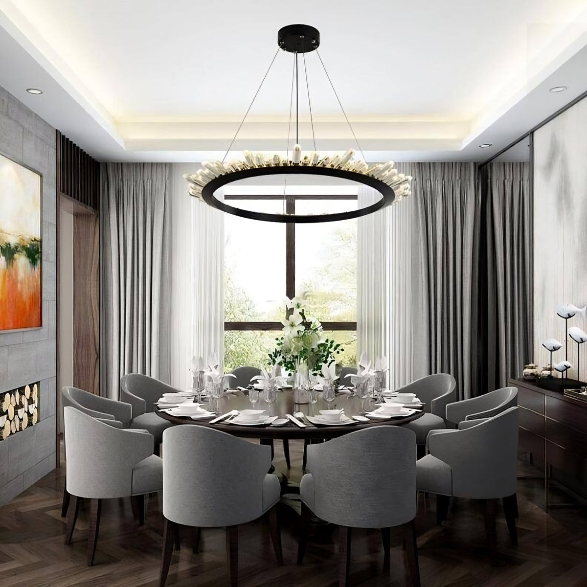 The Collins farmhouse chandelier from Morsale.com, clear crystals on a black stainless steel frame casting warm integrated LED light.