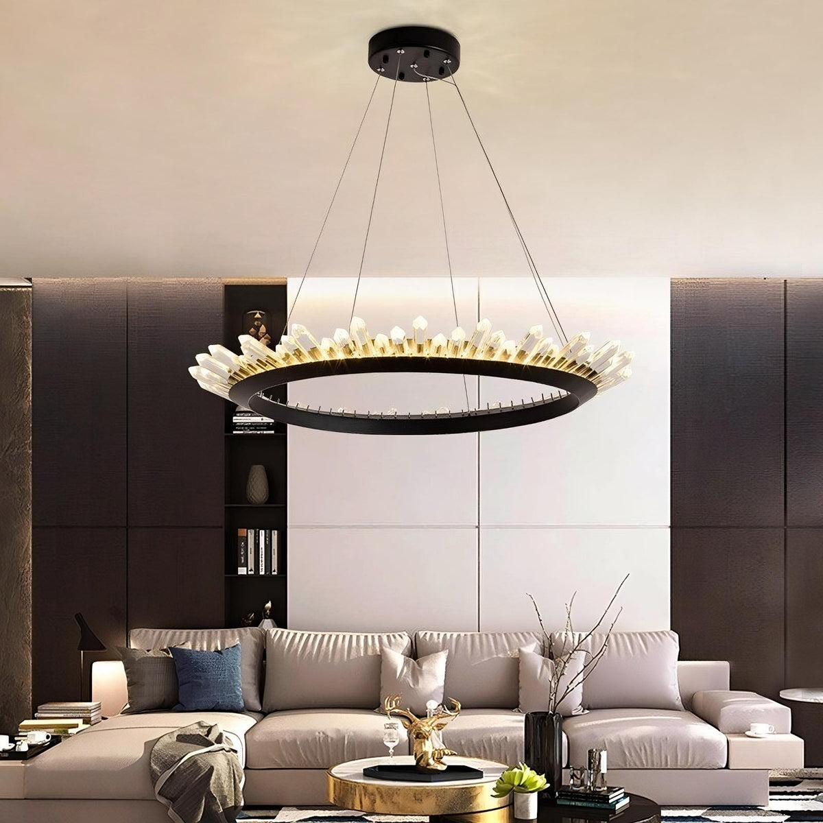 Side view of the Collins crystal farmhouse chandelier by Morsale.com showing the wide black frame and layered crystal detail.