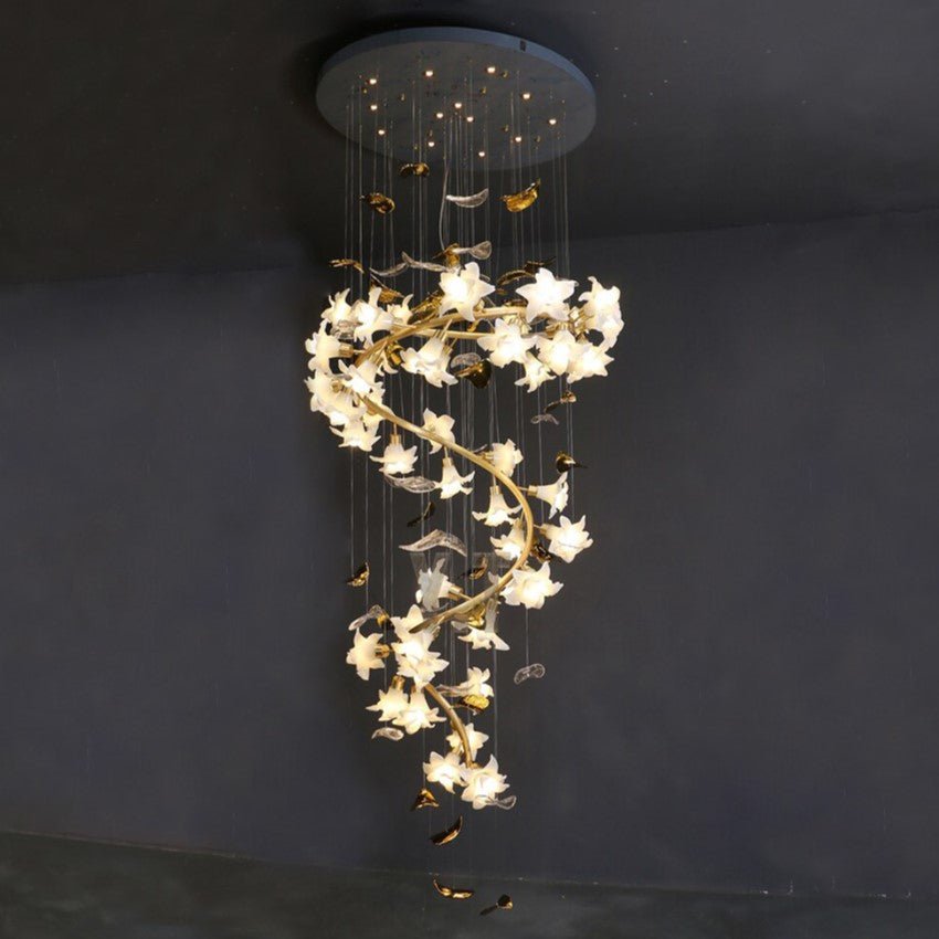 Ceramic Flower Chandelier in Artistic Brass Branch Design - D31.5"*H118.1"Warm Lightcasivra
