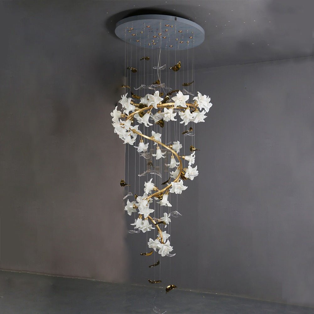 Ceramic Flower Chandelier in Artistic Brass Branch Design - D31.5"*H118.1"Warm Lightcasivra
