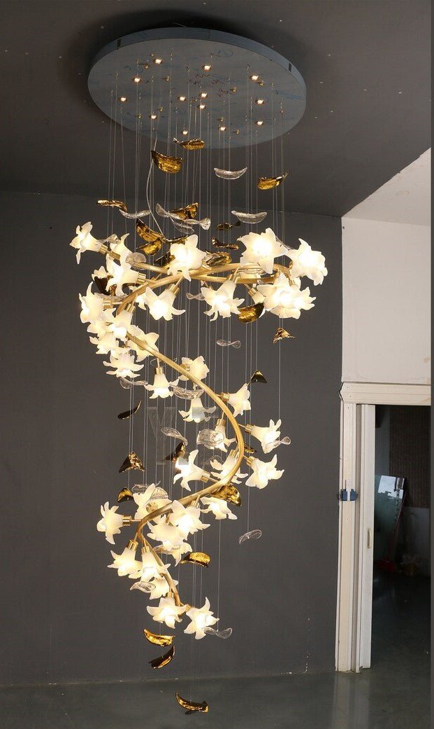 Ceramic Flower Chandelier in Artistic Brass Branch Design - D31.5"*H118.1"Warm Lightcasivra