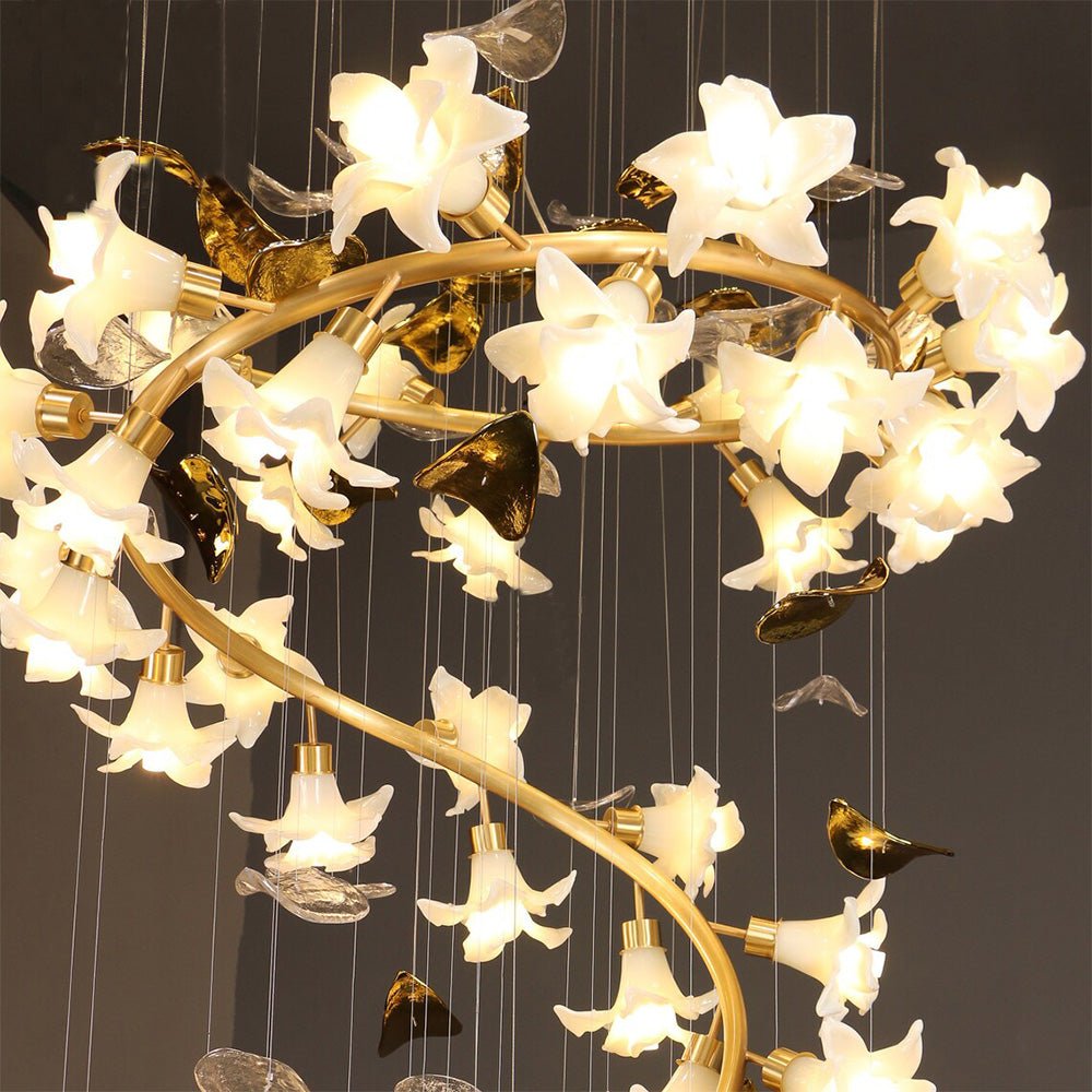 Ceramic Flower Chandelier in Artistic Brass Branch Design - D31.5"*H118.1"Warm Lightcasivra