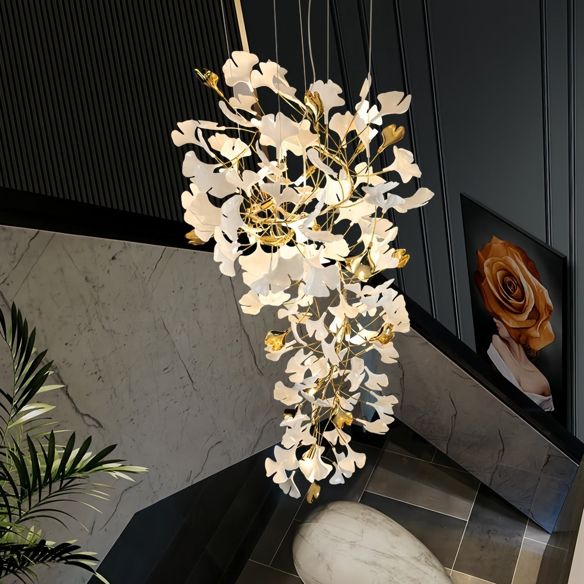 Ceramic Ginkgo Cascading A Branch Chandelier - All white leavesH150CM (H59")casivra