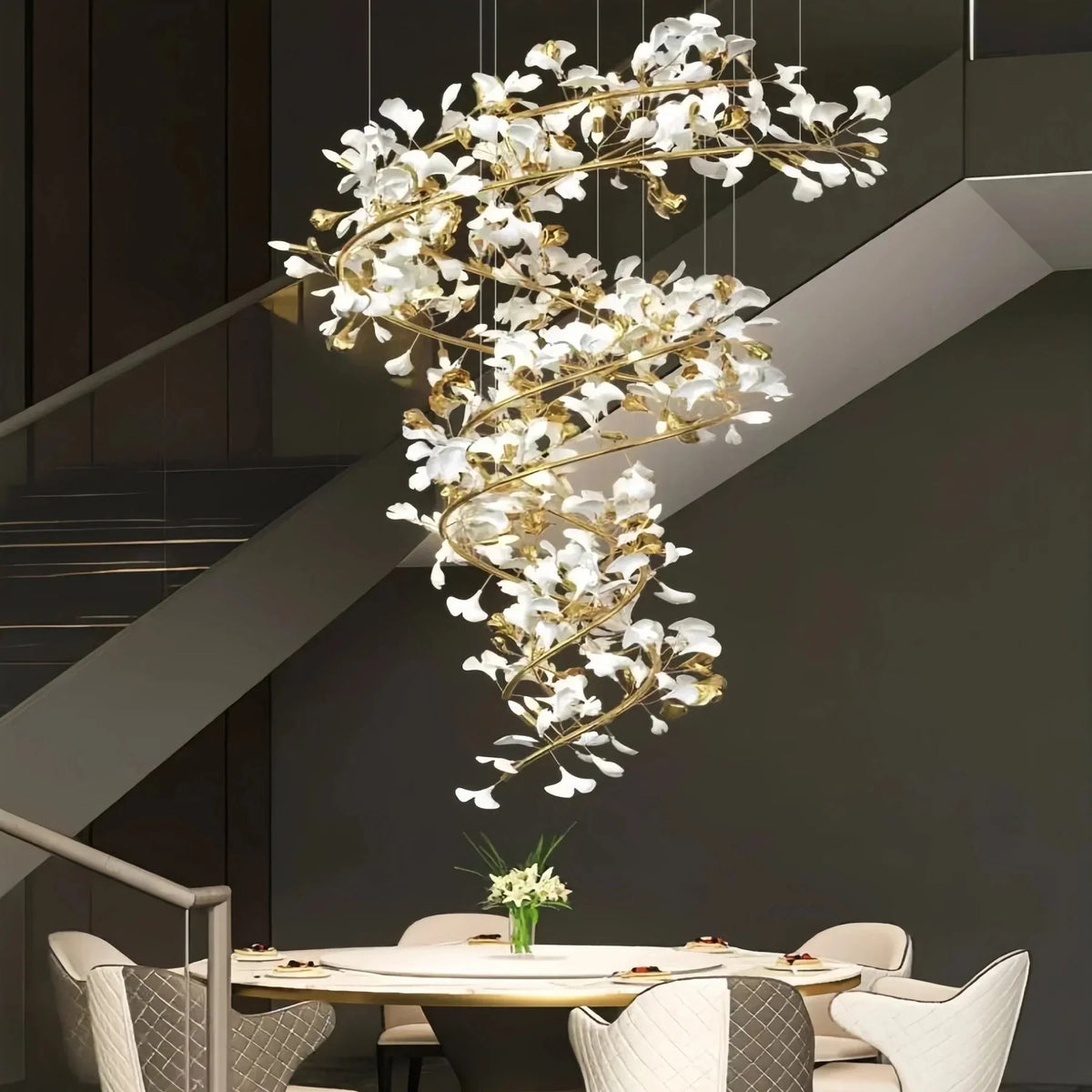 Ceramic Ginkgo Cascading B (Spiral) Branch Chandelier - All white leavesH200CM (H78¾")casivra