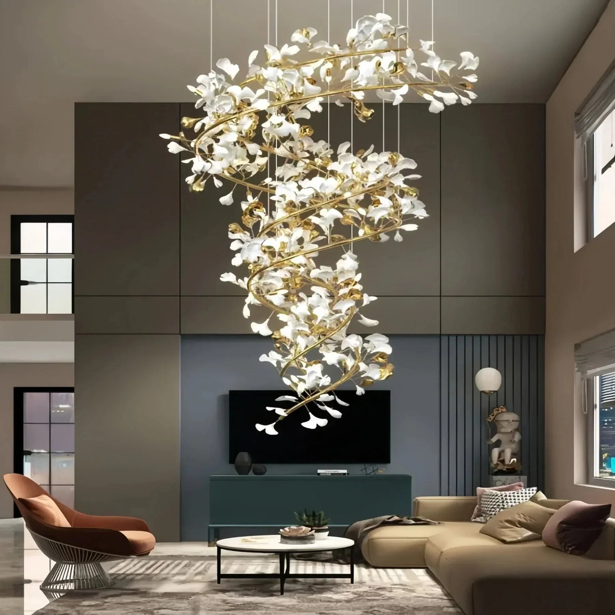 Ceramic Ginkgo Cascading B (Spiral) Branch Chandelier - All white leavesH200CM (H78¾")casivra
