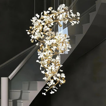Ceramic Ginkgo Cascading B (Spiral) Branch Chandelier - All white leavesH200CM (H78¾")casivra
