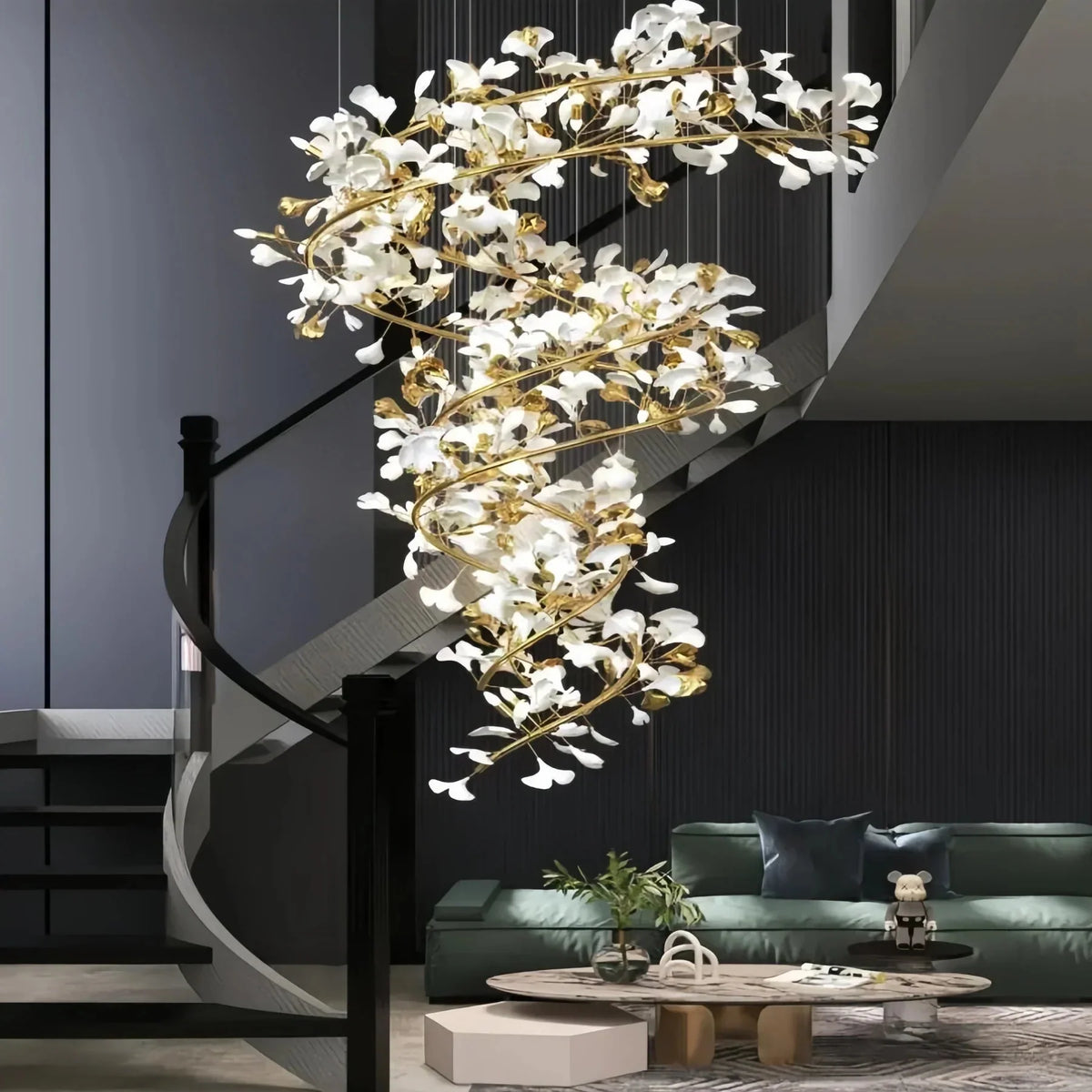Ceramic Ginkgo Cascading B (Spiral) Branch Chandelier - All white leavesH200CM (H78¾")casivra