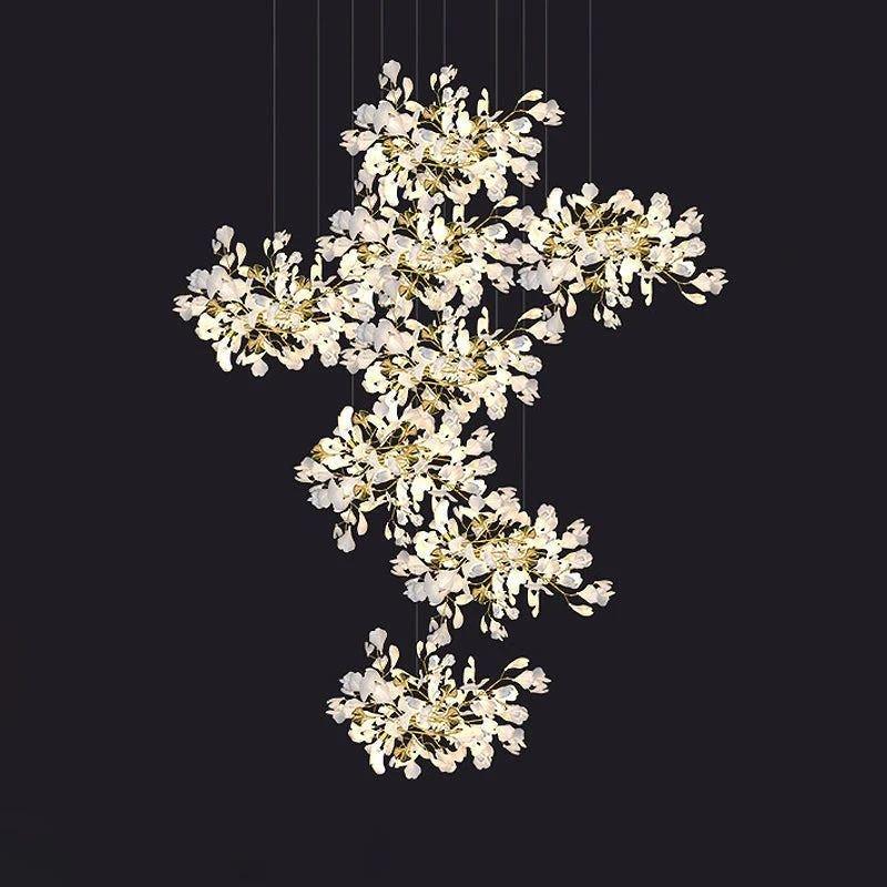 Ceramic Ginkgo Cascading C (Alternating) Branch Chandelier - All white leavesH200CM(H78¾")casivra