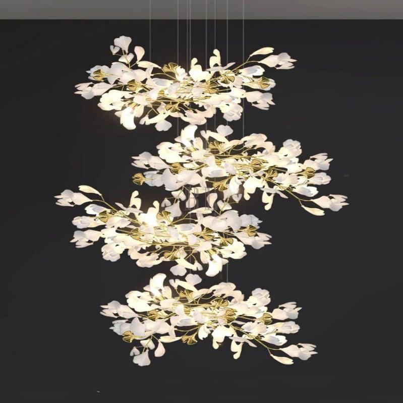 Ceramic Ginkgo Cascading C (Alternating) Branch Chandelier - All white leavesH200CM(H78¾")casivra