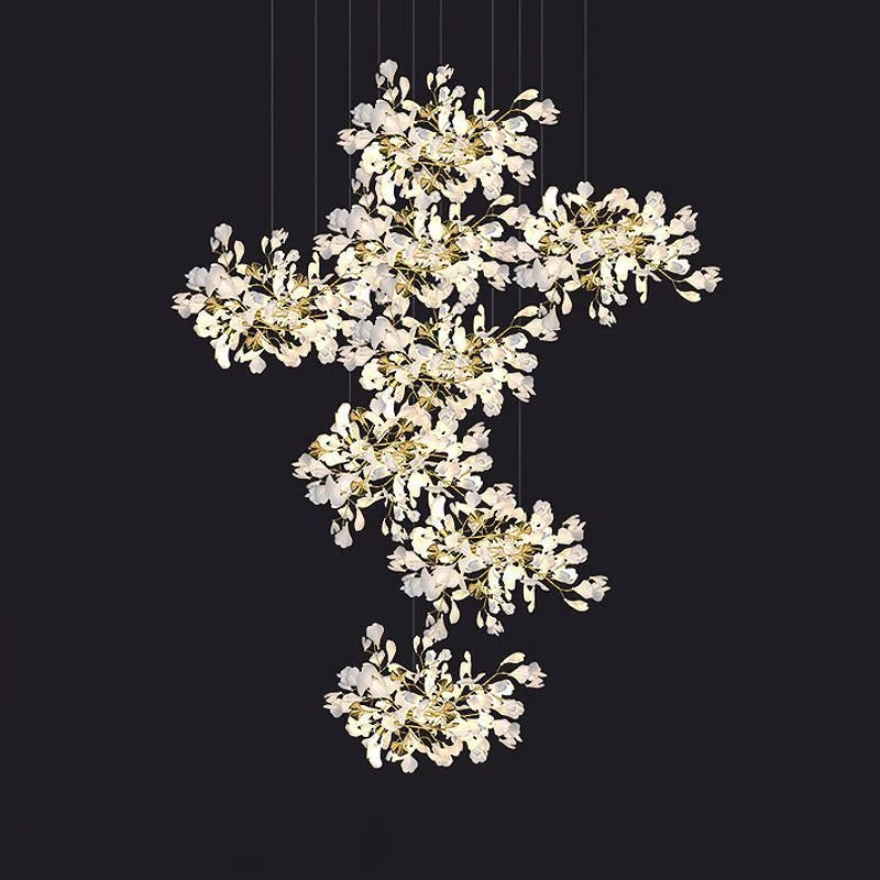 Ceramic Ginkgo Cascading C (Alternating) Branch Chandelier - All white leavesH300CM(H118")casivra