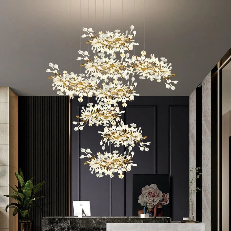 Ceramic Ginkgo Cascading Chandelier - 118"HAll white leavescasivra