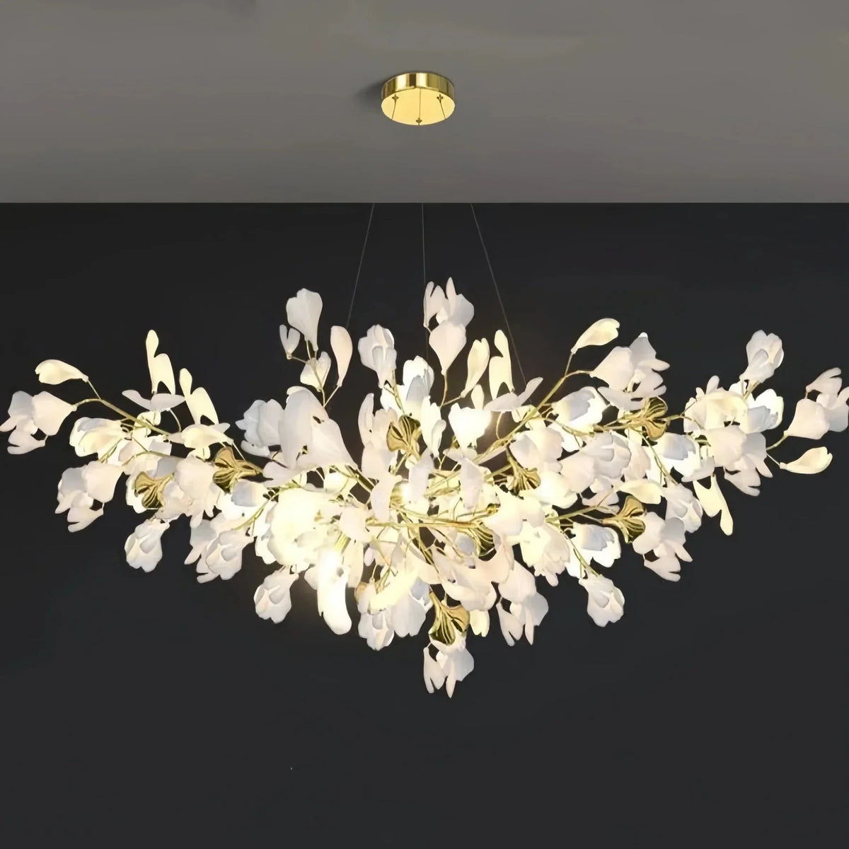 Ceramic Ginkgo Linear Branch Chandelier - All white leavesL120CM (L47¼")casivra