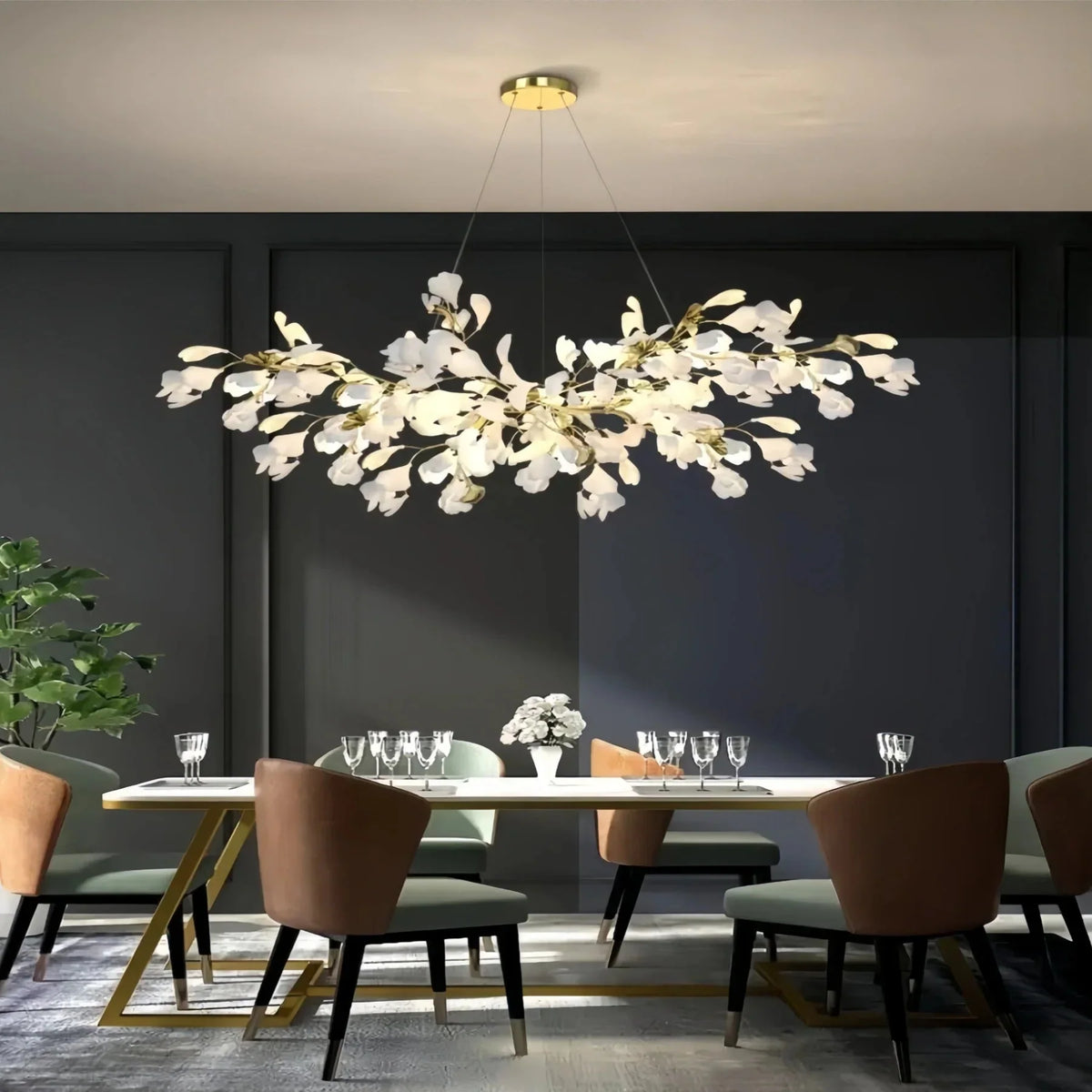 Ceramic Ginkgo Linear Branch Chandelier - All white leavesL150CM (L59")casivra