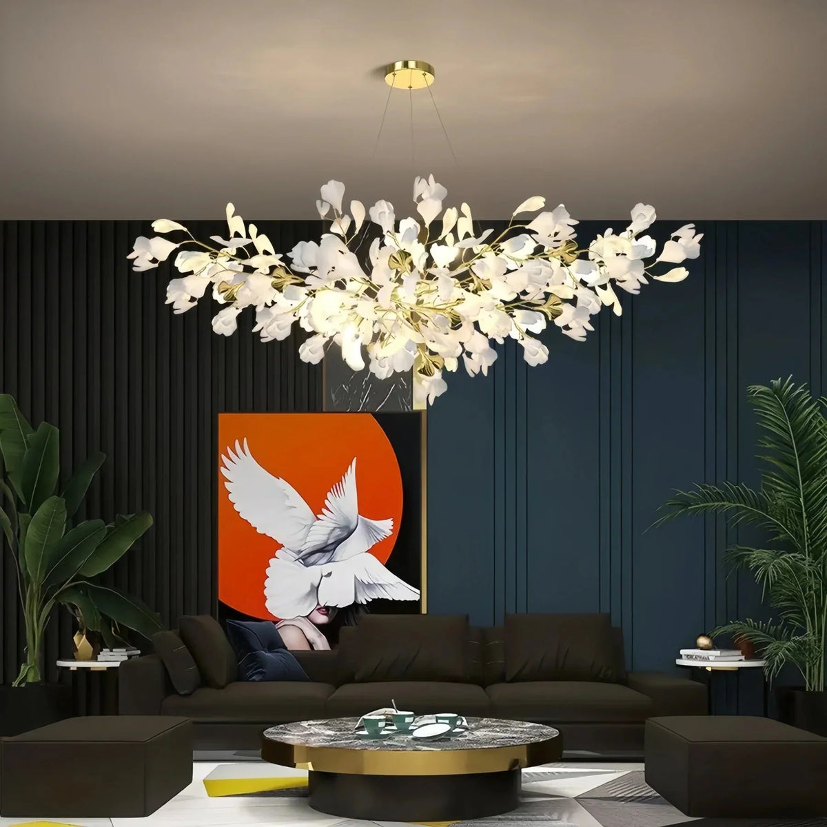 Ceramic Ginkgo Linear Branch Chandelier - All white leavesL120CM (L47¼")casivra