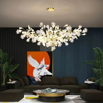 Ceramic Ginkgo Linear Branch Chandelier - All white leavesL120CM (L47¼")casivra