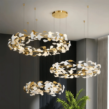 Ceramic Ginkgo Rings Branch Chandelier - All white leavesD39¼"+ D31½" +D23½"casivra
