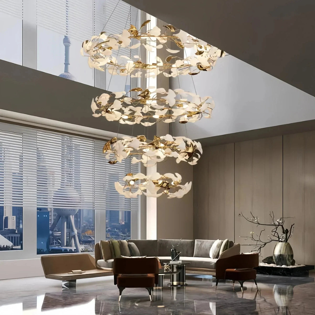 Ceramic Ginkgo Rings Linear Branch Chandelier - All white leavesD47¼"+D39¼"+ D31½" +D23½"casivra