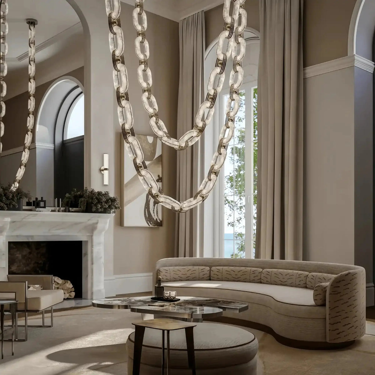 Chain Alabaster Link Chandelier - ∅ 39.4″ x H 98.4″Gold & Whitecasivra