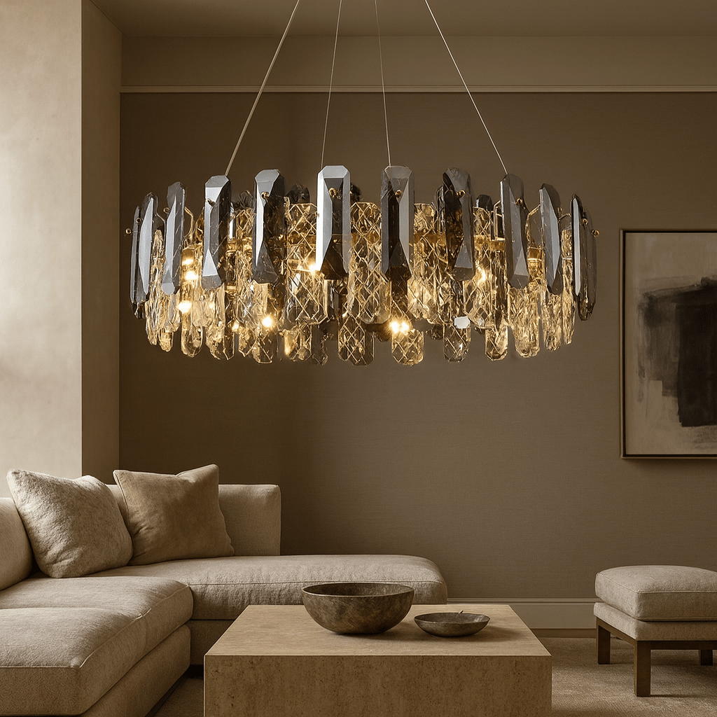 Lazzo tiered crystal chandelier in a modern dining room