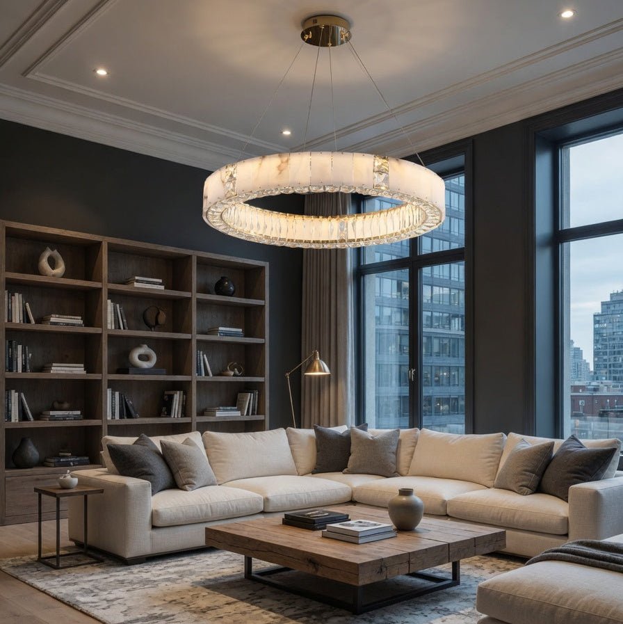 Stafford marble and crystal chandelier illuminated above a dining table