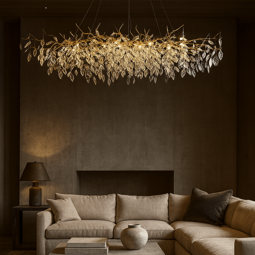 Albero crystal chandelier on a gold frame over a dining table