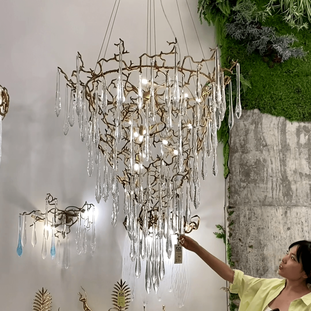 Chic Modern French Branch Copper Crystal Chandelier for Living Room Foyer and Dining Room Lighting - D31.5"*H42.2"Warm Lightcasivra