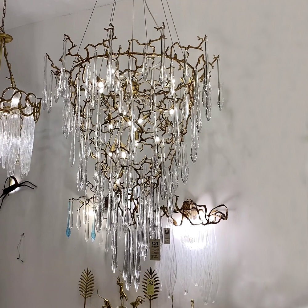Chic Modern French Branch Copper Crystal Chandelier for Living Room Foyer and Dining Room Lighting - D31.5"*H42.2"Warm Lightcasivra
