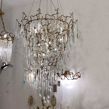 Chic Modern French Branch Copper Crystal Chandelier for Living Room Foyer and Dining Room Lighting - D31.5"*H42.2"Warm Lightcasivra