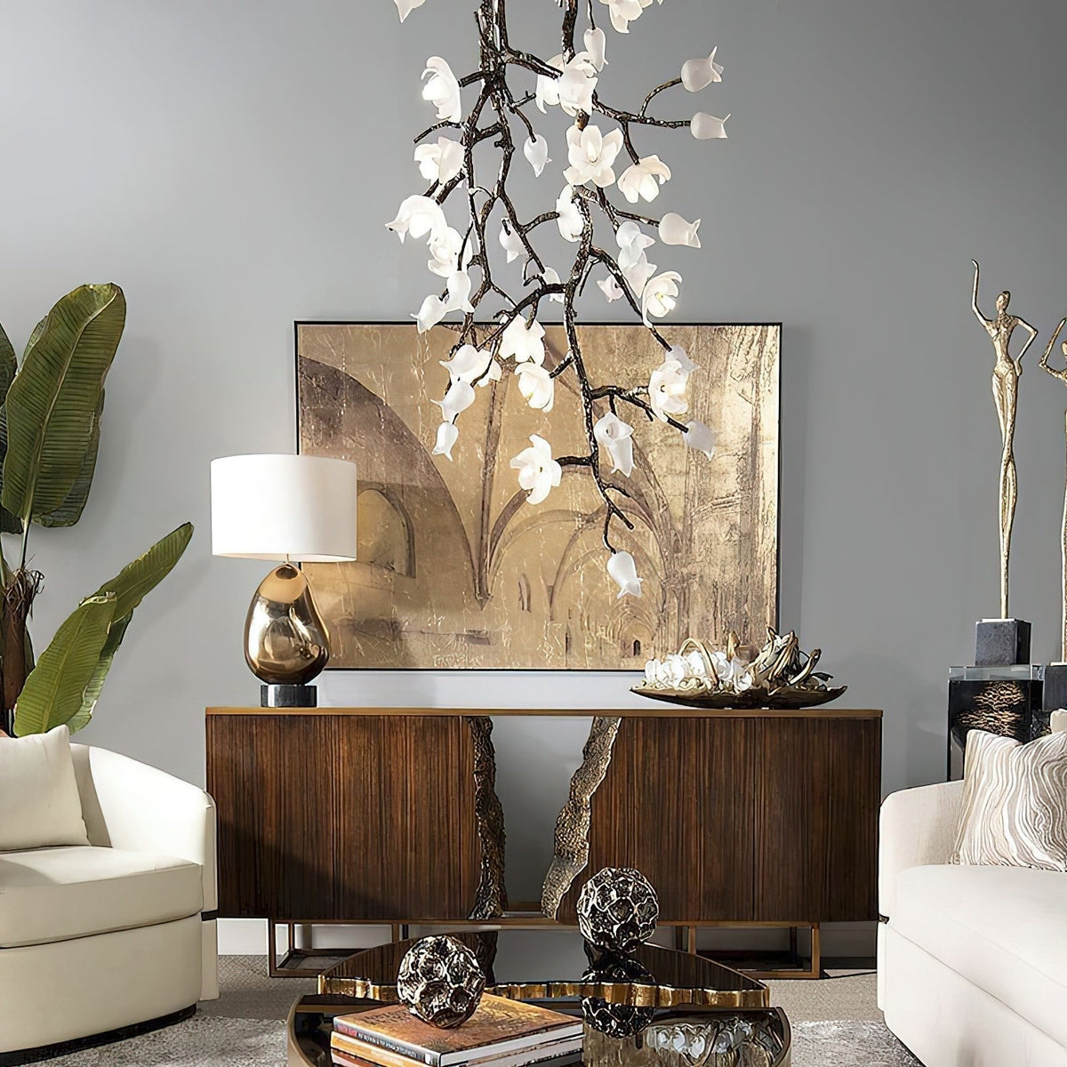 Churippu Branch Brass Chandelier - 21 lights ∅ 36″ x W 36″ x H 77.6″Brushed Dark Bronze & White Ceramiccasivra