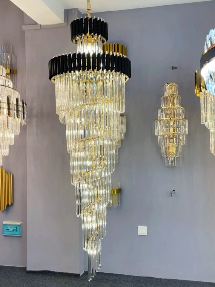 Classic Large Multi - layered Spiral Crystal Chandelier for Foyer/ Staircase - D31.5"*H118"/35 Lights/39 kgBlackWarm Lightcasivra