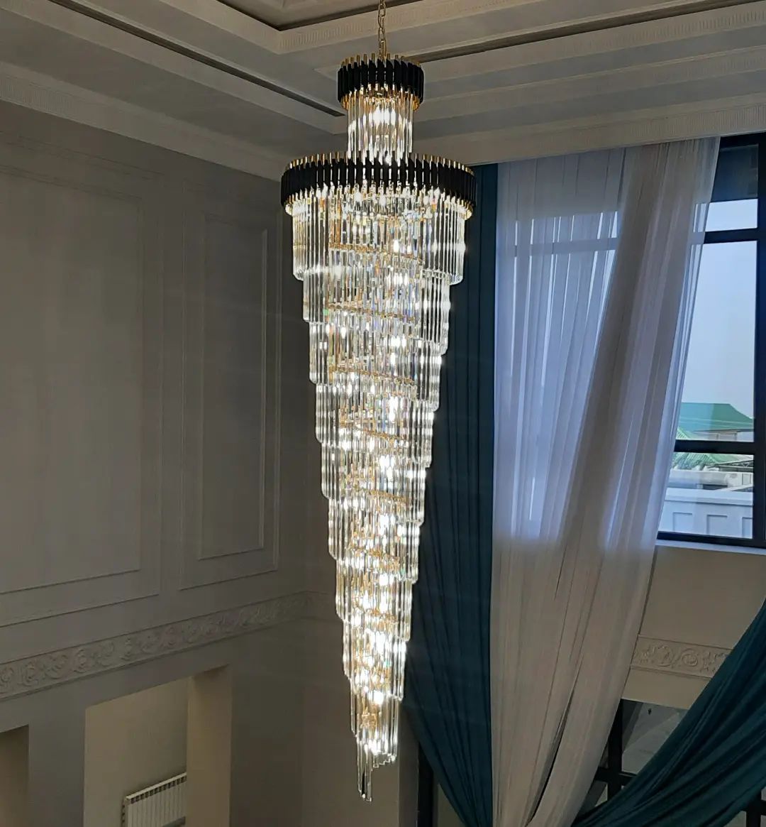 Classic Large Multi-layered Spiral Crystal Chandelier for Foyer/ Staircase - D17.7"*H59.1"/12 Lights/16 kgBlackDimmable White Lightcasivra