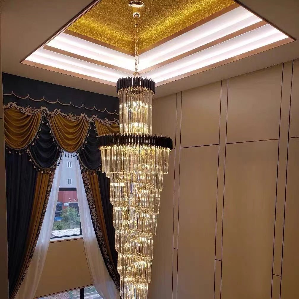 Classic Large Multi-layered Spiral Crystal Chandelier for Foyer/ Staircase - D39.4"*H118"/35 Lights/117.3 kgBlackWarm Lightcasivra