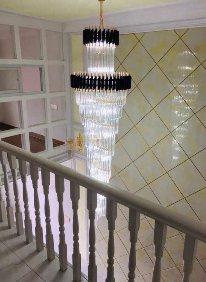 Classic Large Multi - layered Spiral Crystal Chandelier for Foyer/ Staircase - D17.7"*H59.1"/12 Lights/16 kgBlackWhite Lightcasivra