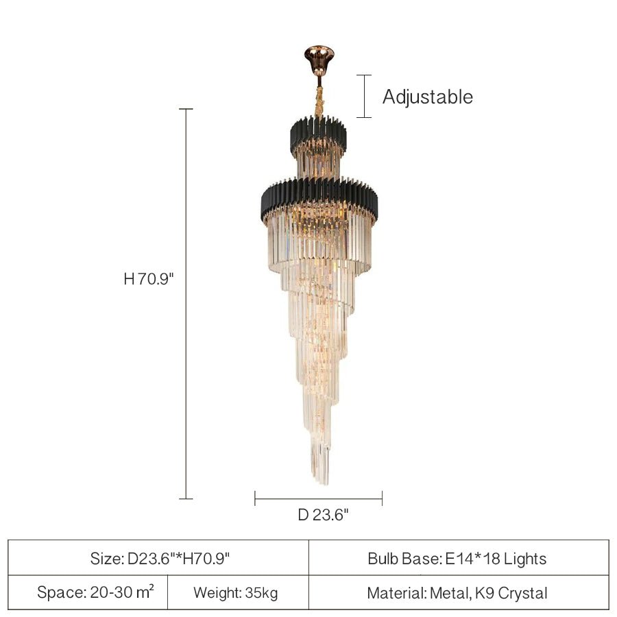 Classic Large Multi - layered Spiral Crystal Chandelier for Foyer/ Staircase - D17.7"*H59.1"/12 Lights/16 kgBlackDimmable Warm Lightcasivra