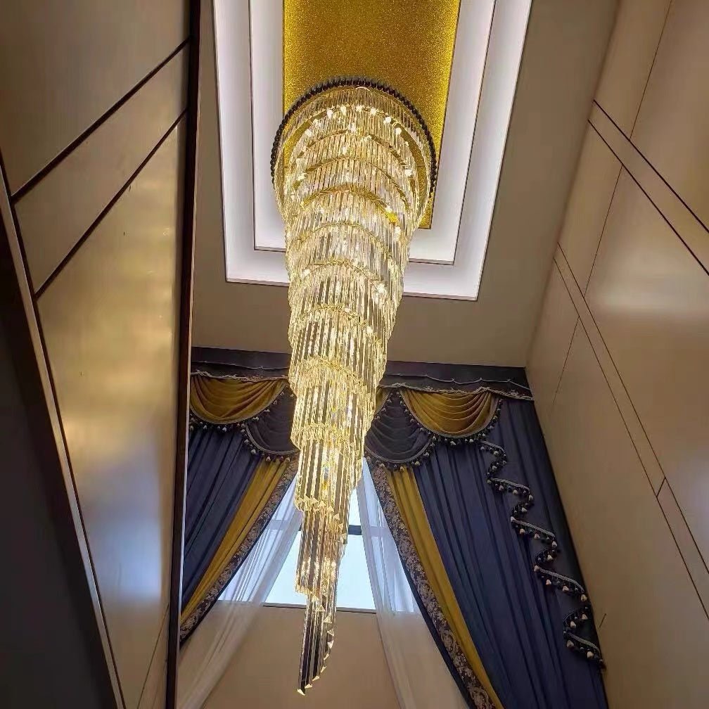 Classic Large Multi - layered Spiral Crystal Chandelier for Foyer/ Staircase - D17.7"*H59.1"/12 Lights/16 kgBlackDimmable Warm Lightcasivra