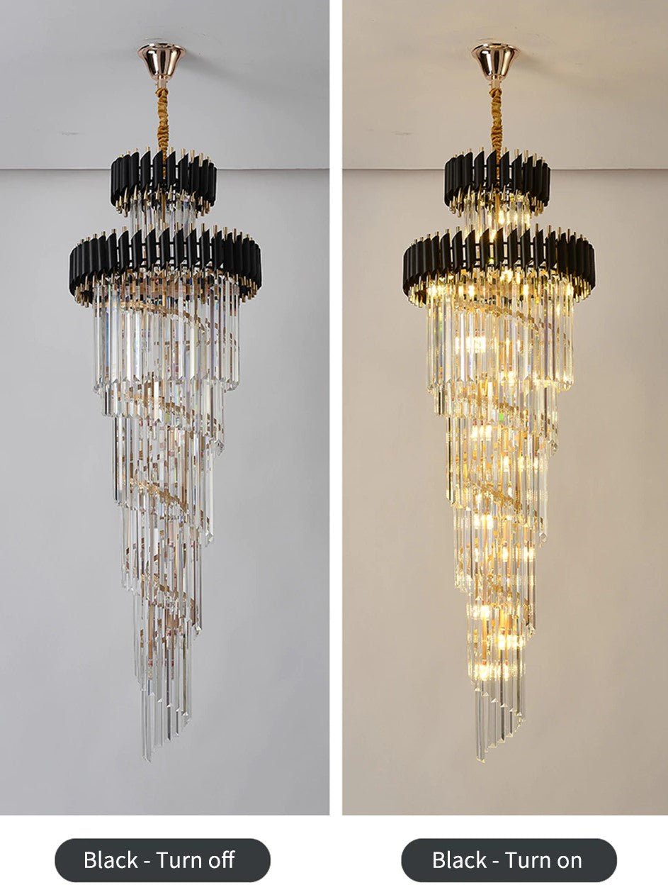 Classic Large Multi-layered Spiral Crystal Chandelier for Foyer/ Staircase - D17.7"*H59.1"/12 Lights/16 kgBlackDimmable Warm Lightcasivra