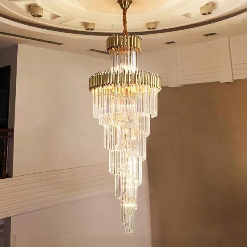 Classic Large Multi - layered Spiral Crystal Chandelier for Foyer/ Staircase - D17.7"*H59.1"/12 Lights/16 kgGoldDimmable Warm Lightcasivra