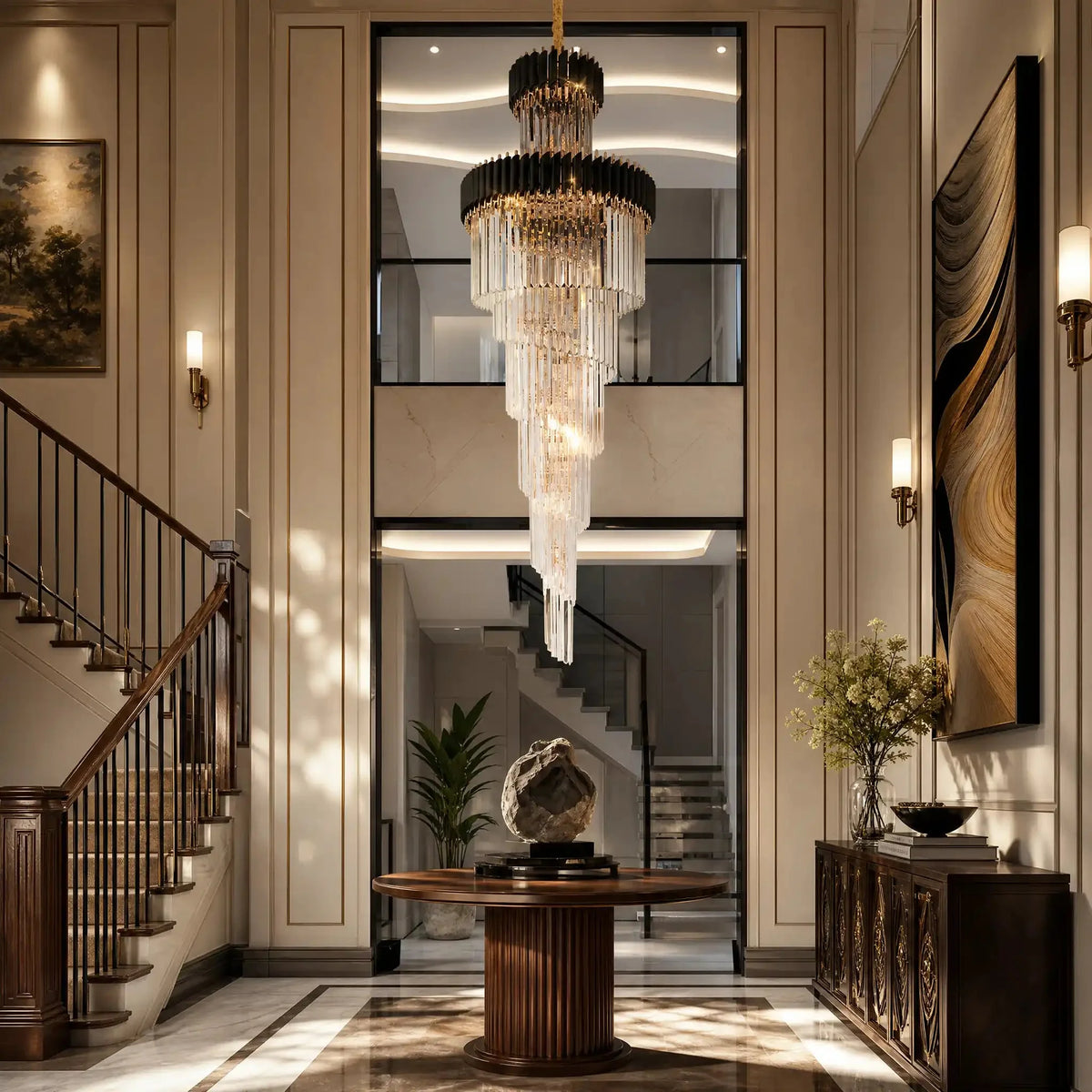 Classic Large Multi-layered Spiral Crystal Chandelier for Foyer/ Staircase - D17.7"*H59.1"/12 Lights/16 kgBlackWarm Lightcasivra