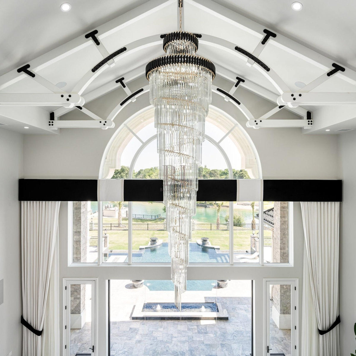 Classic Large Multi - layered Spiral Crystal Chandelier for Foyer/ Staircase - D17.7"*H59.1"/12 Lights/16 kgBlackDimmable White Lightcasivra