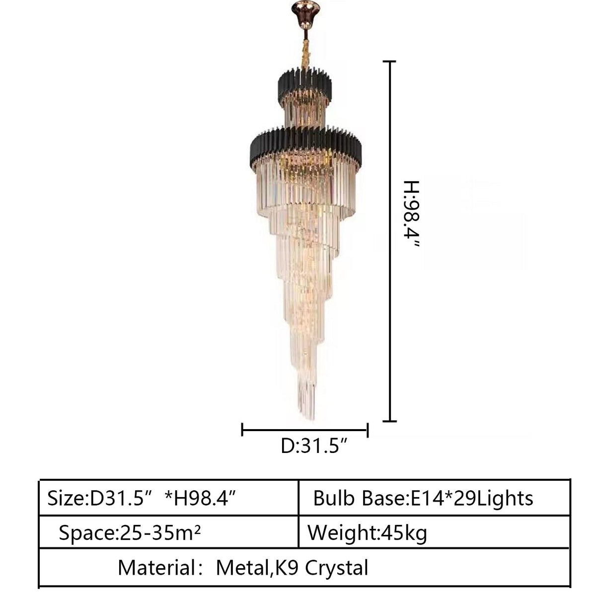 Classic Large Multi - layered Spiral Crystal Chandelier for Foyer/ Staircase - D17.7"*H59.1"/12 Lights/16 kgBlackDimmable Warm Lightcasivra